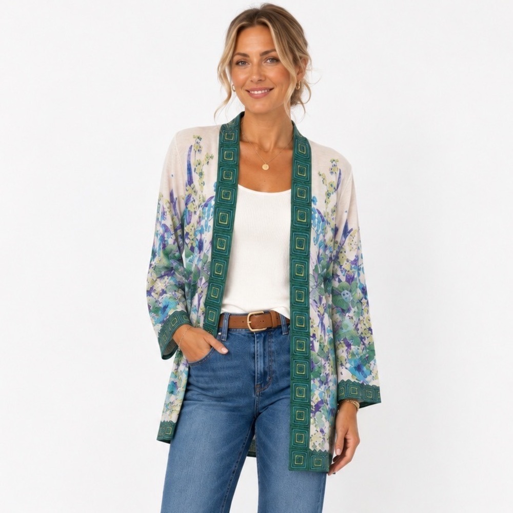 Chico's Botanical Border Brooke Cardigan Sweater 1/M/8 Green Blue Open Front